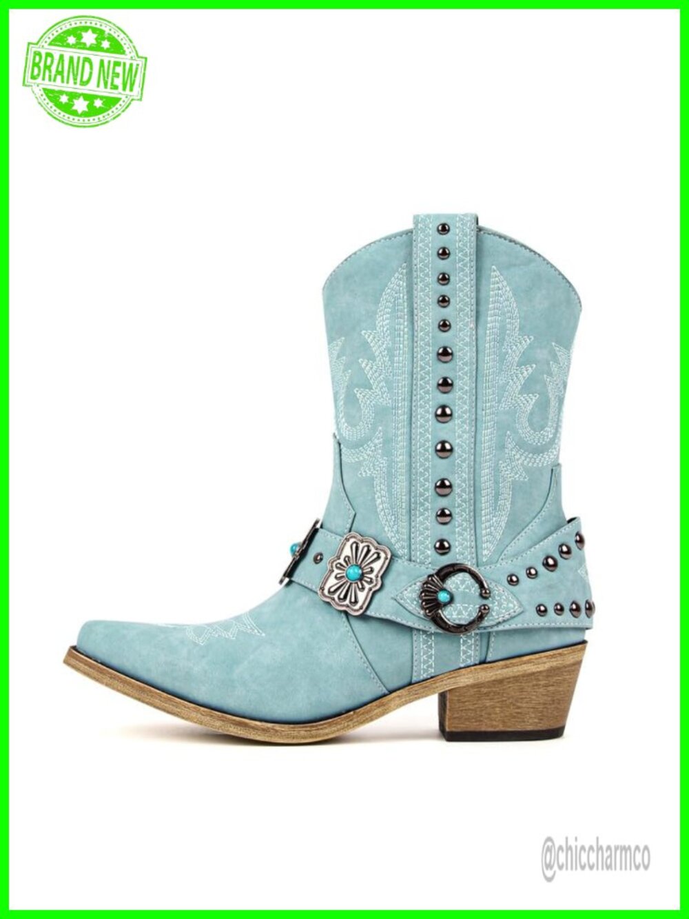 Pointed Toe Ankle Western Boots Faux Leather Block Heel Studded Harness